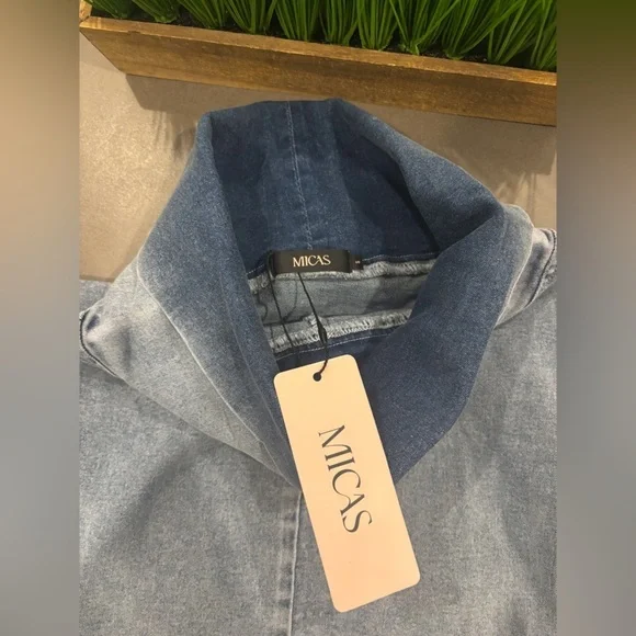 Micas Denim Wide Shoulder Sleeveless Hi Neck Top Size Small NWT! - Picture 7 of 9